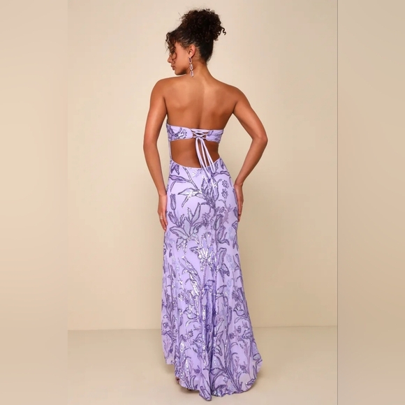 Lulus Shimmering Icon Lavender Sequin Lace-Up Strapless Maxi Dress M Party Prom - Picture 5 of 12